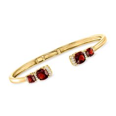 Ross-Simons - 5.00ct t. w. Garnet, .10ct t. w. White Topaz Cuff Bracelet Over Sterling. 7". Give your stack a pop of cinnamon-red radiance! Our fiery cuff bracelet features 5.00 ct. t. w. cushion-cut garnet squares cooled off by icy .10 ct. t. w. white topaz rounds. Crafted in polished 18kt yellow gold over sterling silver. Hinged. Slip-on, white topaz and garnet cuff bracelet. Garnet birthstones are the perfect gift for January birthdays. Cinnamon Red, Garnet Birthstone, Fine Jewelery, Garnet Bracelet, Topaz Color, Jewelry Clasps, Garnet Stone, Fine Jewelry Bracelets, Topaz Stone