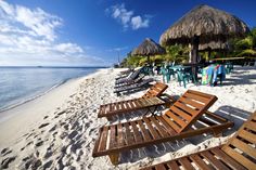 lounge chairs and straw umbrellas line the beach at an oceanfront restaurant in mexico