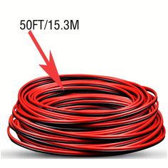 a red and black extension cord with an arrow pointing up