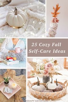 collage of photos with pumpkins, flowers and other things to decorate for fall