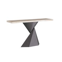 a white and grey table with a black base