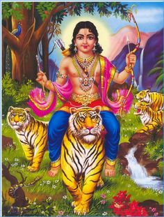 the hindu goddess sitting on top of two tigers in front of a river and trees