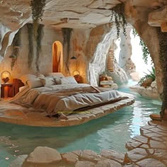 a bed sitting in the middle of a cave next to a pool filled with water