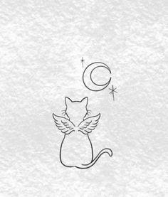 a black and white drawing of a cat with wings on it's back sitting in front of the moon