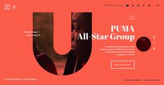 the website for puma all star group is displayed on an orange background with black and white lettering