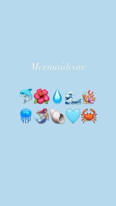 an image of the words mermaid love on a blue background with images of sea creatures