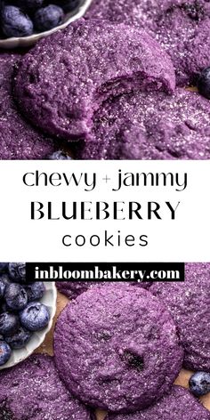 blueberry cookies are stacked on top of each other with the words, chewy and jimmy