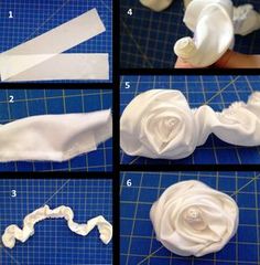 instructions for how to make fabric flower hair clips with white satin flowers and ribbon on them