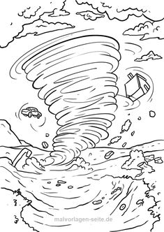 a coloring page with an image of a boat in the water and clouds above it