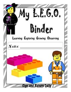 a lego book with an image of a man standing next to some building blocks and the words, my lego binder