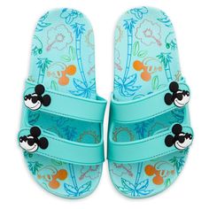 Ready for fun in the sun, Mickey Mouse wears his coolest shades on these swim slides that give off serious ''vacay all day'' vibes. With textured cushion footbeds featuring tropical Mickey Mouse screen art -complete with palm trees and island flowers - and adjustable cross straps, they are seriously comfy while being effortlessly cool. Genuine, Original, Authentic Disney Store Product. Playful Synthetic Flip Flops For Beach, Fun Non-slip Flip Flops For Swimming, Playful Synthetic Flip Flops For Vacation, Playful Synthetic Flip Flops For Summer, Fun Vacation Slides, Playful Beach Slide Slippers, Non-slip Playful Slide Flip Flops, Playful Non-slip Slide Flip Flops, Fun Round Toe Slides For Vacation