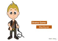 a cartoon character holding a hair dryer in one hand and the words drama game macgyver on the other