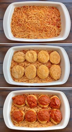 three pictures of different types of food in white casserole dishes on a wooden table