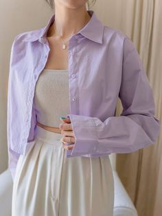 Dress Pants Outfits, Clothing Guide, Beige Blouse, Purple Crop Top, Cute Gym Outfits, Short Blouses, Casual Shirt Women, Plain Shirt, Extra Long Sleeves