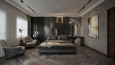 a modern bedroom with black walls and wood flooring, an artful headboard on the wall