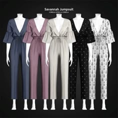 four different styles of jumpsuits on mannequins in various colors and patterns