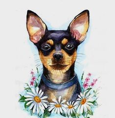 a painting of a small dog with daisies around it's neck and ears