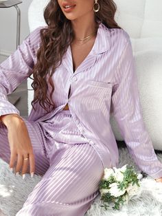 Lilac Purple Simple  Long Sleeve Satin Striped Pant Sets Embellished Non-Stretch  Women Sleep & Lounge Purple Satin Pajamas, Purple Pajamas Aesthetic, Purple Long Sleeve Pajama Party Sets, Lilac Pajamas, Purple Pyjamas, Preppy Pajamas, Melanie Martinez Outfit Ideas, Purple Pjs, Pajamas Purple