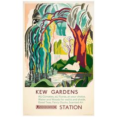 an old poster advertising the kew gardens in england, with trees and water on it