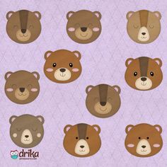 brown bears with different facial expressions on a purple background for wallpaper or fabric design