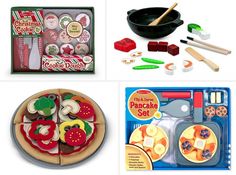 toys and food are shown in three different pictures, including a pancake set with fruit