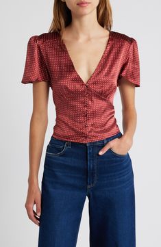 PAIGE Miso Polka Dot Crop Button Front Silk Top | Nordstrom Empire Waist Top, V Neck Crop Top, Empire Waist Tops, V Neck Shirts, Summer Blouse, Red Blouse, Bright Patterns, Silk Shorts, Summer Blouses