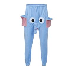 an elephant pajamasuit with eyes and ears on the front, is shown in blue