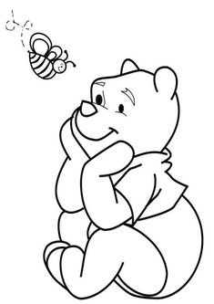 a teddy bear sitting on the ground with a bee flying above it, coloring page