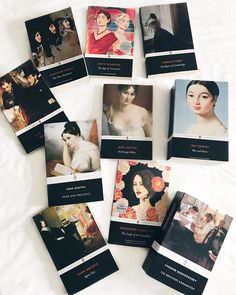 many photographs of women are arranged on the bed