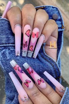 Nails With Butterflies, Artist Nails, Ballet Nails, Long Nail Designs, Nagel Tips, Butterfly Nail