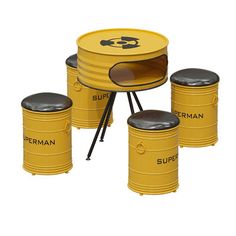 a yellow table with four stools next to it and a cooler on the side