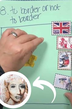 a person is writing on a postcard with stamps and an image of a woman's face