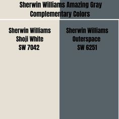 two different shades of gray and white with the words sherylin williams, amazing gray complementary colors