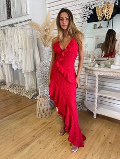 Red lace dress with red lining Please allow up to 4 weeks as this dress is made to order Red Lace Dress, Lace Maxi, Private Label, Red Lace, Vibrant Red, Tango, Formal Occasion, Wedding Guest Dress, Wedding Guest