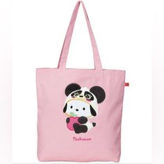 Add This Adorable Bag To Your Collection To Make A Kawaii Statement With Your Fashion Choices. The Limited Edition Pochacco The Panda Apple Applique Tote Bag Is A Must-Have For All Fashion-Girlies And Pochacco Fans. It's Just Too Cute To Resist! The Front Of The Tote Features A Playful, Fuzzy Apple Design Exuding Pocahacco's Cuteness, Adding A Trendy Touch To Your Fit! Its Spacious Interior Is Perfect For School, Running Errands, Or A Fun Night Out. Length: 14.2 Inches Outer Fabric: Cotton Linin Pink Kawaii Bag With Cute Design, Pink Harajuku Style Shoulder Bag With Cute Design, Cute Pink Bag With Large Capacity, Pink Kawaii Shoulder Bag With Large Capacity, Pink Kawaii Bags For Daily Use, Pink Kawaii Bags For Everyday, Kawaii Pink Bag For Gift, Pink Kawaii Everyday Bag, Trendy Pink Bag With Cute Design