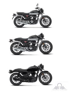 three motorcycles are shown side by side on a white background