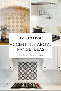 white kitchen with black and white tile backsplashes, stove top oven and sink