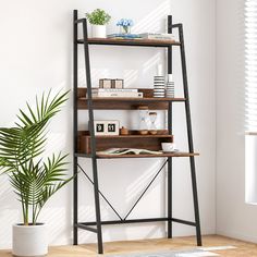 a book shelf with books and plants on it in a room next to a potted plant