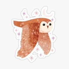 an owl flying through the air with stars on it's back and wings spread out