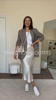 Cream Satin Skirt Outfit Fall, A Line Satin Skirt Outfit, Creme Satin Skirt Outfit, Satin Beige Skirt Outfit, Satin Skirt Blazer Outfit, Skirt And Trainers Outfits, Satin Skirt And Blazer Outfit, Midi Skirt With Blazer, Skirt Satin Outfit