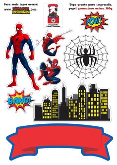 the spiderman stickers are on display in front of a cityscape with buildings and