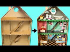 two cardboard doll houses with stairs and furniture in the same room, one is made out of cardboard