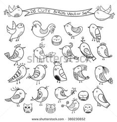 hand drawn birds with banner and ribbon for your text or image in black and white