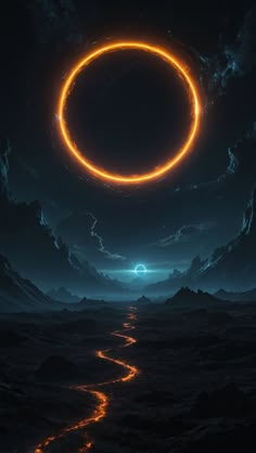 an orange ring is in the sky above a mountain range at night with bright lights