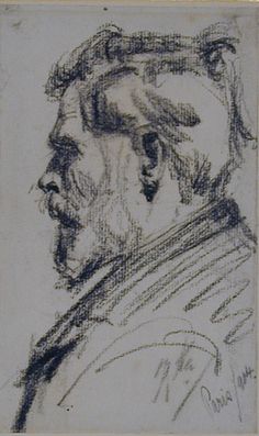 a black and white drawing of a man's head