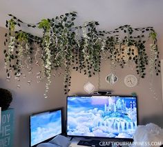 a computer desk with two monitors and plants hanging from the ceiling