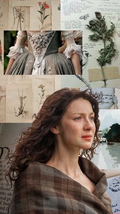 a collage of photos with flowers and leaves on them, including an image of a woman in a dress