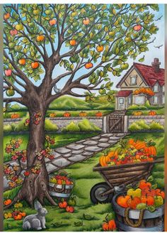 a painting of an apple tree with apples in the basket and pumpkins on the ground