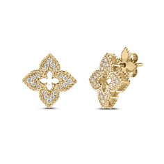 From Roberto Coin's Venetian Princess Collection, these 18k yellow gold stud earrings make an elegant statement. These earrings feature a floral silhouette with diamond accents and rope detail. A mini-floral cutout at the heart of the design sets this piece a step above the rest! The diamonds are 1/3ctw, H or better in color, and SI2 or better in clarity. Roberto Coin signs each one of his pieces with a small ruby casted inside the piece, in direct contact with the skin of the one who wears it. Luxury Yellow Gold Flower Earrings For Formal Occasions, Luxury Yellow Gold Flower Earrings For Formal Events, Luxury Gold Fine Jewelry Flower Earrings, Fine Jewelry Yellow Gold Flower Earrings With Diamond Accents, Luxury Gold Diamond Earrings In Flower Shape, Luxury Diamond Flower Earrings, Luxury Round Yellow Gold Flower Earrings, Luxury Yellow Gold Flower Shaped Diamond Earrings, Diamond Flower Yellow Gold Earrings