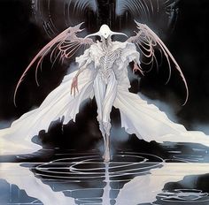 an illustration of a woman in white with wings and flowing hair, standing on water